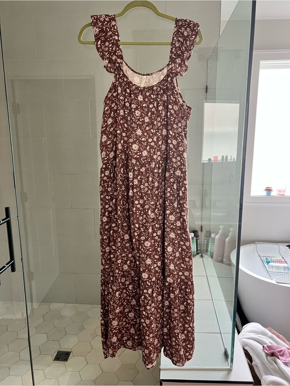 Rylee + Cru Brown Floral Midi Dress with Cream Print
